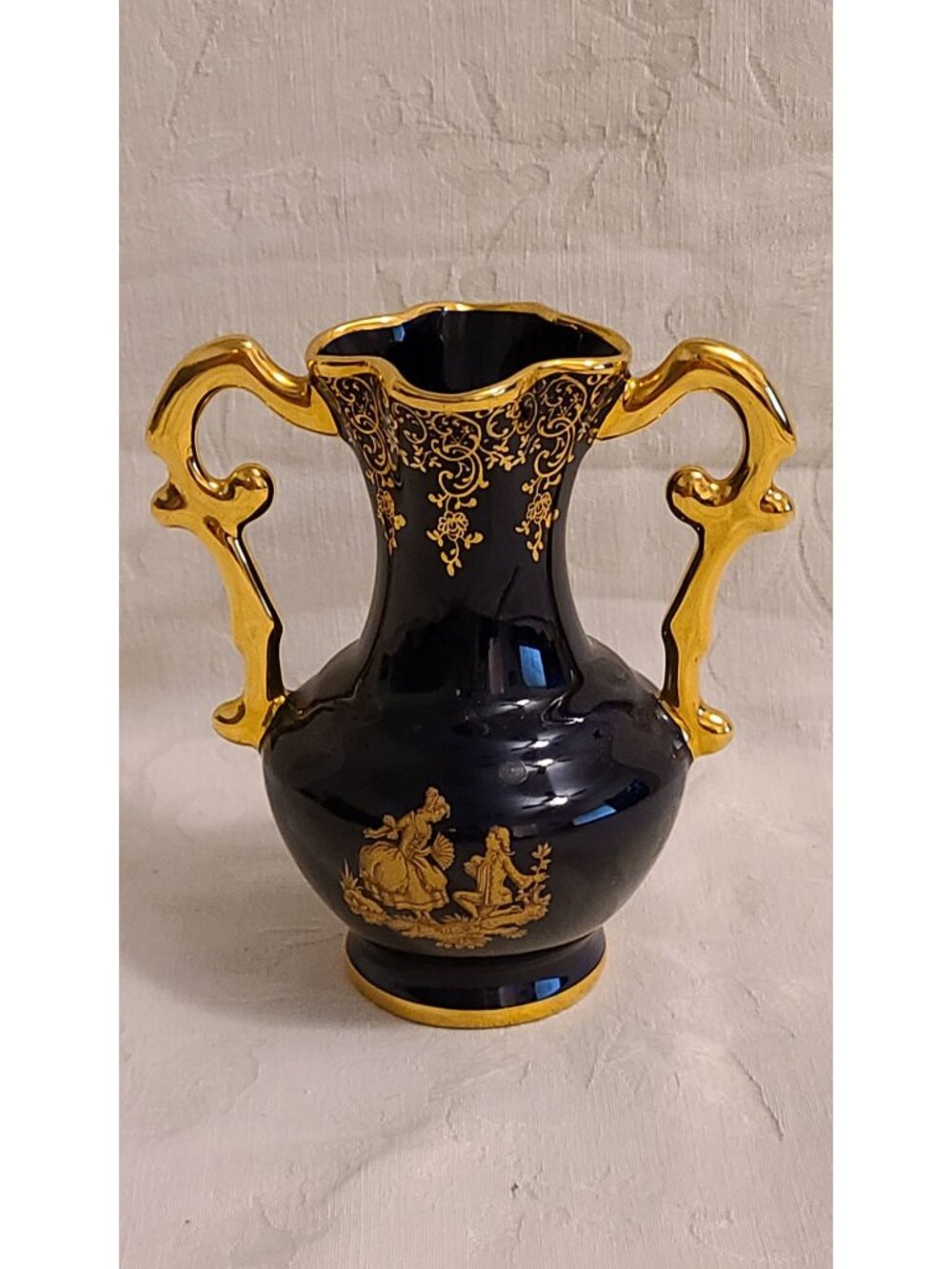 Limoges France Cobalt Blue Gold Courting Scene Vase 6"